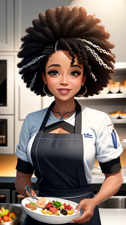 (estilo pixar 1.25) retrato de uma mulher afro brasileira, 50 anos, ((negra)), ((cabelo cacheado curto)), cozinheira, feliz, White chef cap on head