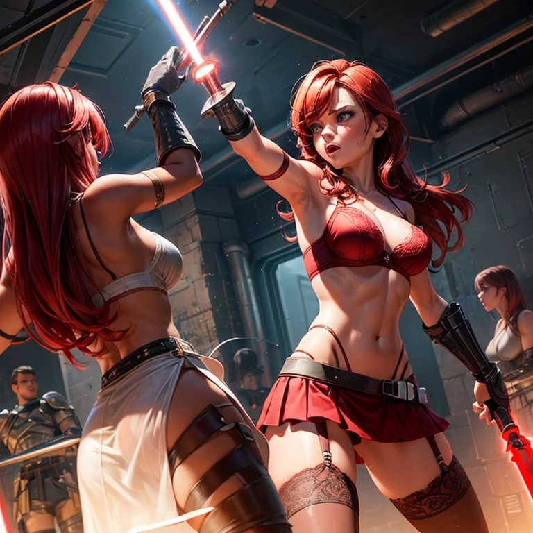 Sexy Female gladiator, red hair, tannned skin, skinny, welding lightsaber, lace mini skirt and bra, fighting against twin