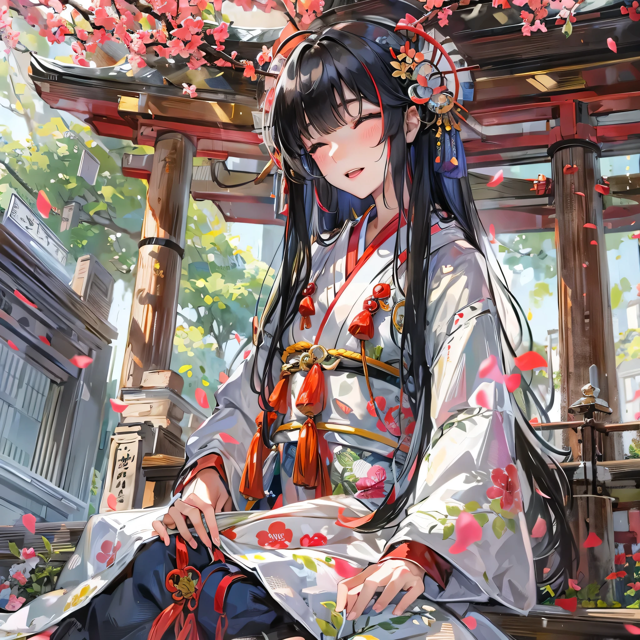 (in the Munakata), ((in a beautiful Shrine maiden costume)) (a blunt bangs black hair long hair sexy shrine maiden girl, 15 yo, sexy closed eyes, smile) is (Chairs on a portable shrine), BREAK, perfect anatomy, masterpiece, best quality, 16k.
