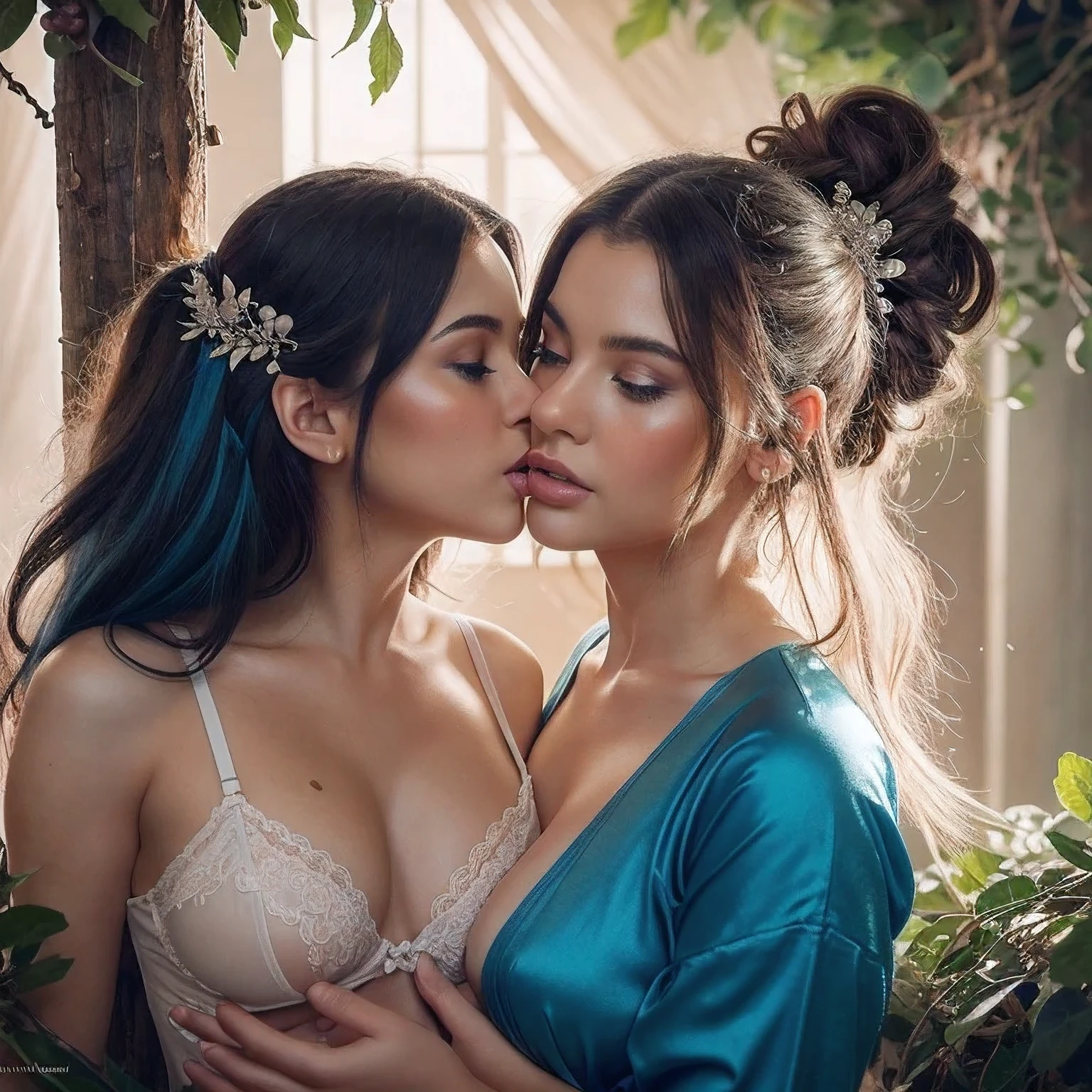 two girl kissing, see her ass,(bright lighting,romantic setting),dreamy background,bondage,dark hair, mesmerizing gaze, , soft skin, alluring beauty, artistic portrait, high-quality image, vibrant colors,translucent long silk gown, mosquito net,