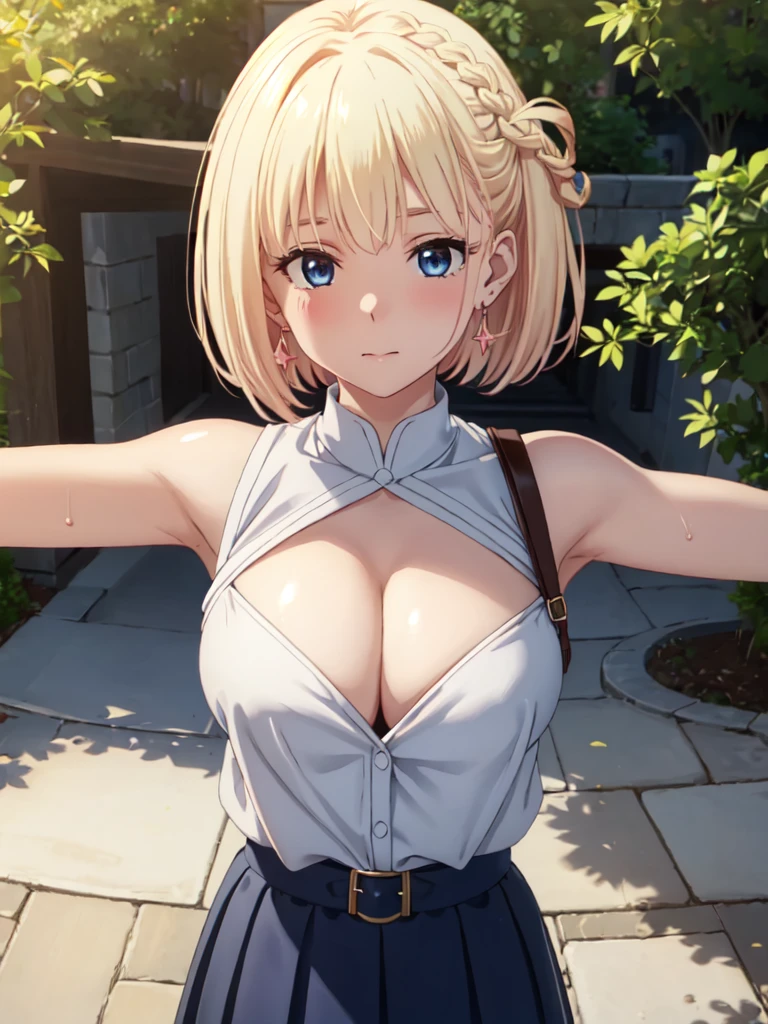 masterpiece, best quality, ultra detailed, highres, extremely detailed CG unity 8k wallpaper, perfect lighting, very detailed background, Outdoor、beautiful and aesthetic,sharp focus, perfect face, Perfect hands、Perfect Fingers、Perfect toes、Five fingers、
Glossy blonde、blue eyes、White clothes, look down、Upper Body、Fair skin、Short Bob、Completely wet、French Braid、Blushing、Blunt bangs、Hoop Earrings、Gradient Hair、The left sideburn is longer than the right、(Hide your arms behind your body:1.2)、cleavage,cleavage cutout、(twinkle(in the eyes):1.2)、Pull up your skirt