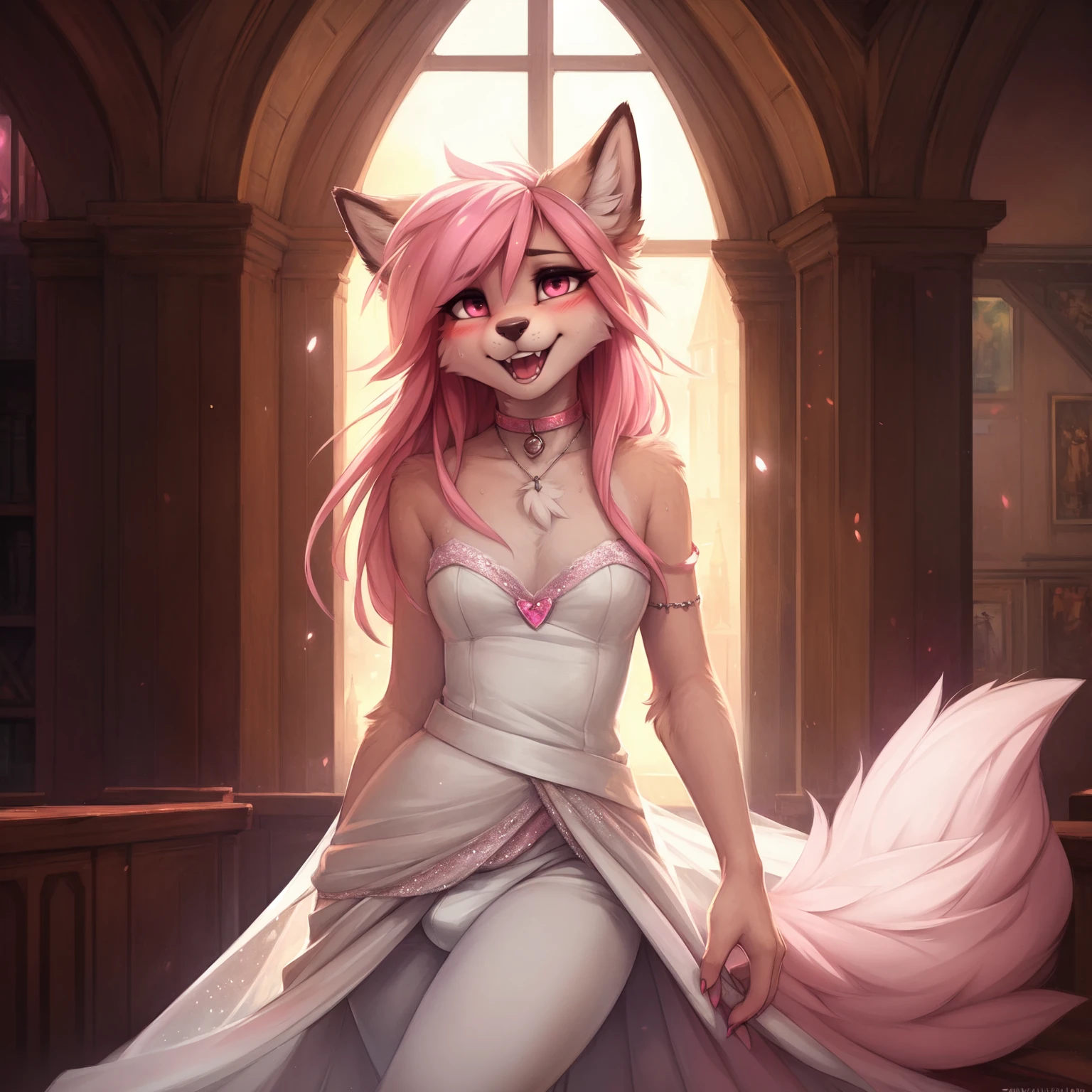 by kenket, Ross Tran, ruan jia, zaush, foxovh, by Zackary911, by hyattlen, by teranen, by fumiko, by Pixelsketcher, by Bayard Wu, by Thomas Benjamin Kennington, by Einshelm, by Kilinah, by Coffeesoda, by Hioshiru, by fluff-kevlar, bye r-mk, by Dimwitdog, Furry, Anthro, long hair, ((small)), ((male)), ((twink)), (long pink hair), ((white fur)), feminine hair, girly haircut, Full Body, (()), cinematic lighting, ((fluffy tail)), ((blushing)), detailed open mouth, detailed canine teeth, (smiling), (shy) girly hips, girly hips, (view from front), looking at viewer, sweat, skimpy (white tight wedding dress), (small bulge), solo, (wedding ceremony), white marbel, church, sexually suggestive, ((solo)), (makeup), (pink glittering eyeshadow), eyeliner, pink lipstick, pink eyes, long eyelashes, flat chest, looking at viewer, flat chest, (full body shot), visible small bulge,