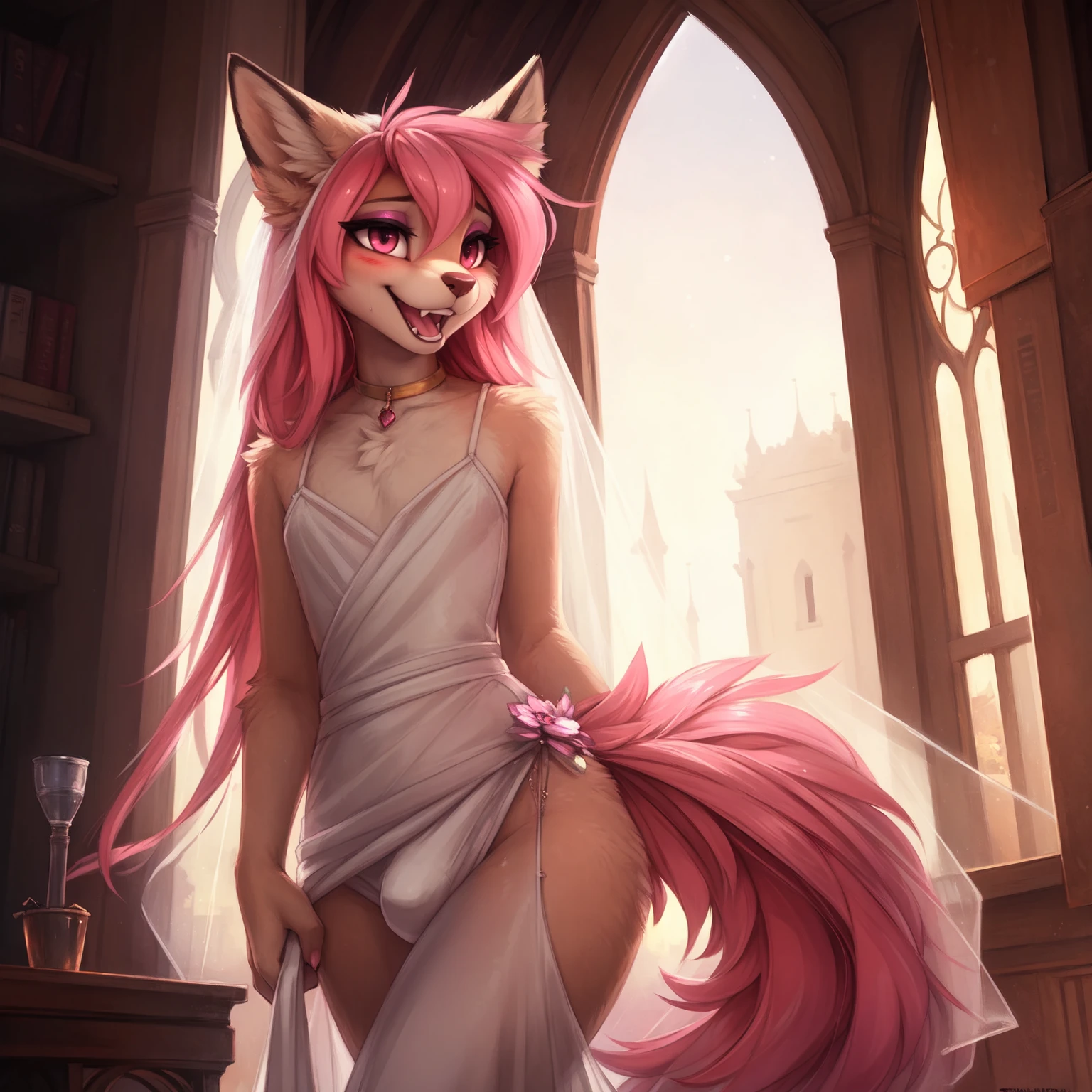 by kenket, Ross Tran, ruan jia, zaush, foxovh, by Zackary911, by hyattlen, by teranen, by fumiko, by Pixelsketcher, by Bayard Wu, by Thomas Benjamin Kennington, by Einshelm, by Kilinah, by Coffeesoda, by Hioshiru, by fluff-kevlar, bye r-mk, by Dimwitdog, Furry, Anthro, long hair, ((small)), ((male)), ((twink)), (long pink hair), ((white fur)), feminine hair, girly haircut, Full Body, (()), cinematic lighting, ((fluffy tail)), ((blushing)), detailed open mouth, detailed canine teeth, (smiling), (shy) girly hips, girly hips, (view from front), looking at viewer, sweat, skimpy (white tight wedding dress), (small bulge), solo, (wedding ceremony), white marbel, church, sexually suggestive, ((solo)), (makeup), (pink glittering eyeshadow), eyeliner, pink lipstick, pink eyes, long eyelashes, flat chest, looking at viewer, flat chest, (full body shot), visible small bulge,
