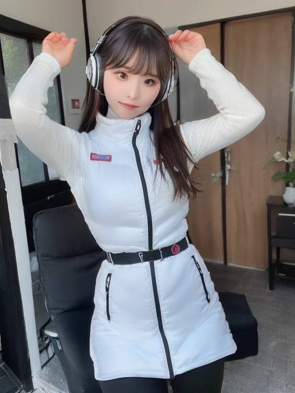 ((Detailed face, Professional photography)),
Ultra-high resolution, (Realistic: 1.4), RAW Photos, highest quality, (PhotoRealistic Stick), concentrate, Soft Light,masterpiece, highest quality, Very detailed, 8K,
BREAK
(arms behind back):5,(arms up behind):1,
(black sleeves):10,(black long tightfit sleeves)
BREAK
(headphone):10
(metallic gray astrovest),
(metallic luster mirror finish astrovest):2,belt,
BREAK
blush:3,smile,look at viewer,(Blunt bangs),(black hair):2,(long hair):1.3
(drooping eyes),(Young Face),
BREAK
Portrait,(solo),1girl,(Caucasian):10,(android girl):1.4,Plump:0.7,
((25 years old)), ((Japanese)),
BREAK
(hidden hand):10,
BREAK
(Written boundary depth,futuristic airliner seats,space station,Bomi,neotech,bing_astronaut