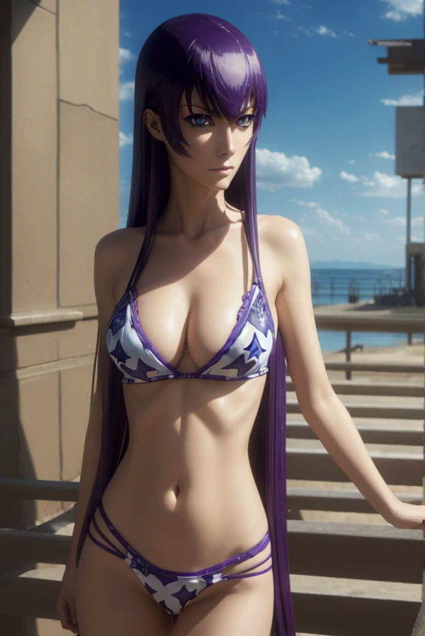 saekobusujima, saeko busujima, long hair, purple hair, (purple eyes:1.1), hair between eyes, large breasts, slim body, standing position
BREAK , bow, bikini serafuku,
BREAK outdoors, city, sun, sky, clouds
BREAK looking at viewer, (cowboy shot:1.5),
BREAK (masterpiece:1.2), best quality, high resolution, unity 8k wallpaper, (illustration:0.8), (beautiful detailed eyes:1.6), extremely detailed face, perfect lighting, extremely detailed CG, (perfect hands, perfect anatomy),