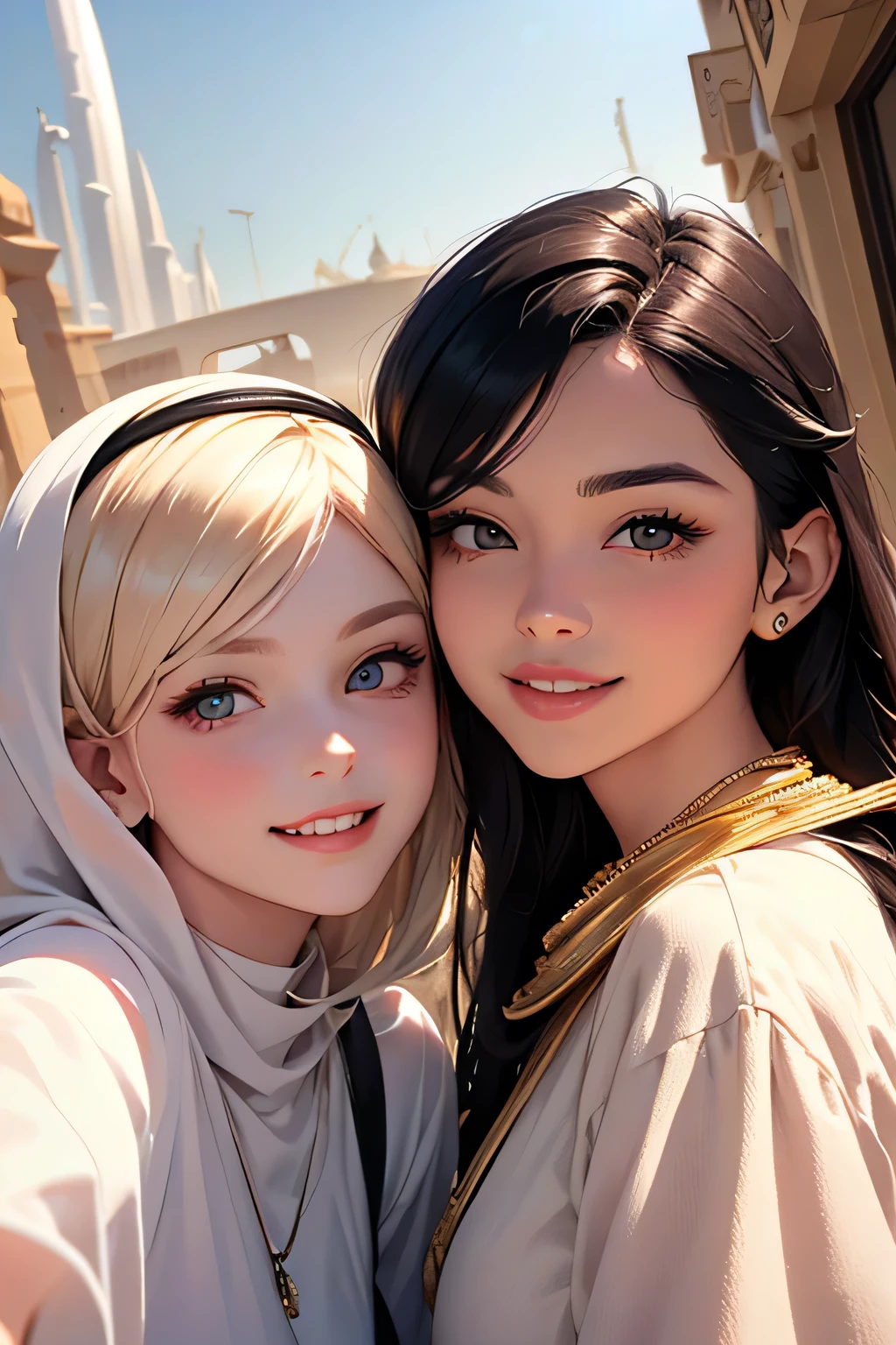 highest quality、High resolution、Detailed Background、(Beautiful face in every detail:1.4)、Anatomically correct、(Detailed facial expressions)、(Detailed eyes:1.2)、(Detailed eyes:1.2)、Beautiful women in their 20s、(Highly detailed face:1.4)、Brightly colored hair、well-groomed eyebrows、Cute Eye Makeup、Cute Lip Makeup、Cute clothes with little exposure、
(Two beautiful women smiling broadly while sightseeing in Dubai, with a famous spot in the background:1.5)、
Dubai is a world-famous tourist destination with many attractive spots.、
The Dubai Mall(Dubai Mall):The world's largest shopping mall with plenty of shopping and restaurants、There are plenty of movie theaters and、The mall also has entertainment facilities such as an aquarium and an ice skating rink.