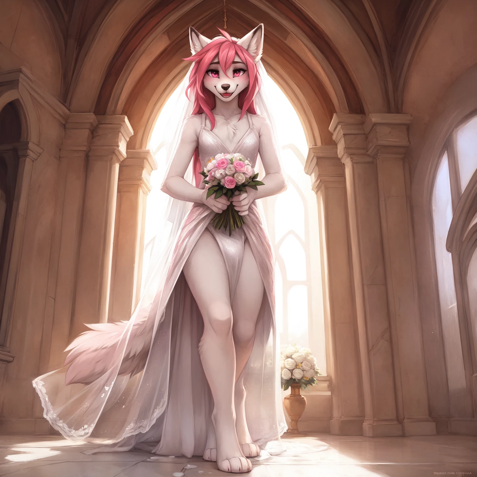by kenket, Ross Tran, ruan jia, zaush, foxovh, by Zackary911, by hyattlen, by teranen, by fumiko, by Pixelsketcher, by Bayard Wu, by Thomas Benjamin Kennington, by Einshelm, by Kilinah, by Coffeesoda, by Hioshiru, by fluff-kevlar, bye r-mk, by Dimwitdog, Furry, Anthro, long hair, ((small)), ((male)), ((twink)), (long pink hair), ((white fur)), feminine hair, girly haircut, Full Body, (()), cinematic lighting, ((fluffy tail)), ((blushing)), detailed open mouth, detailed canine teeth, (smiling), (shy) girly hips, girly hips, (view from front), looking at viewer, sweat, skimpy (white tight wedding dress), (small bulge), solo, (wedding ceremony), white marbel, church, sexually suggestive, ((solo)), (makeup), (pink glittering eyeshadow), eyeliner, pink lipstick, pink eyes, long eyelashes, flat chest, looking at viewer, flat chest, (full body shot), visible small bulge, (white marble walls), (white marble floor), (white marble altar), wedding ceremony,