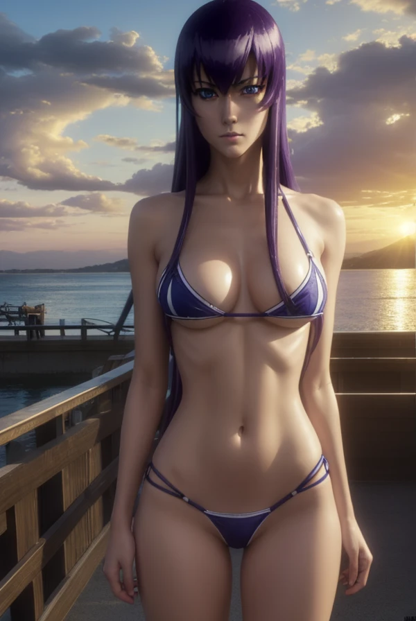 saekobusujima, saeko busujima, long hair, purple hair, (purple eyes:1.1), hair between eyes, large breasts,firm breasts, slim body, standing position
BREAK , bow, bikini serafuku, 
BREAK outdoors, city, sun, sky, clouds
BREAK looking at viewer, (cowboy shot:1.5),
BREAK (masterpiece:1.2), best quality, high resolution, unity 8k wallpaper, (illustration:0.8), (beautiful detailed eyes:1.6), extremely detailed face, perfect lighting, extremely detailed CG, (perfect hands, perfect anatomy),