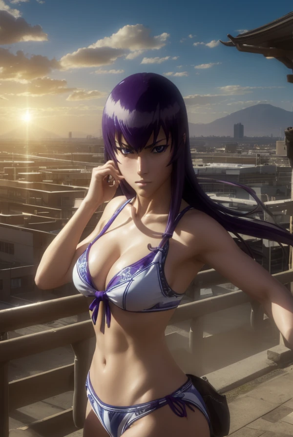 saekobusujima, saeko busujima, long hair, purple hair, (purple eyes:1.1), hair between eyes, large breasts,firm breasts, slim body, standing position
BREAK , bow, bikini serafuku,
BREAK outdoors, city, sun, sky, clouds
BREAK looking at viewer, (cowboy shot:1.5),
BREAK (masterpiece:1.2), best quality, high resolution, unity 8k wallpaper, (illustration:0.8), (beautiful detailed eyes:1.6), extremely detailed face, perfect lighting, extremely detailed CG, (perfect hands, perfect anatomy),