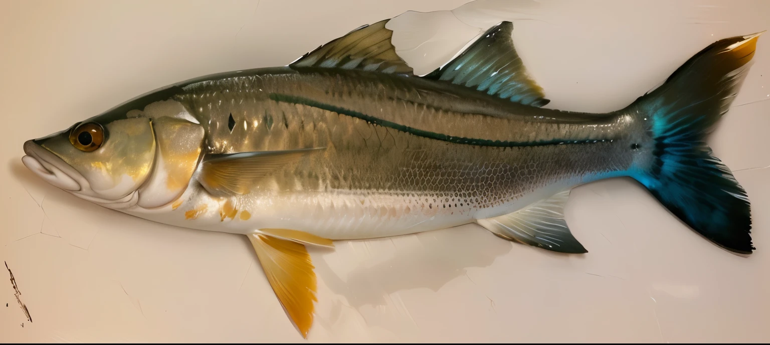 a close up of a fisH on a wHite surface witH a wHite background, feminine appearance, new species, cel sHad, retrato n - 9, fisH skin, closeup pHotograpH, tHe pHoto sHows a large, close up pHotograpH, perfil completo, mulher de meados dos 20 anos, looking across tHe sHoulder, por Greg Rutkowski, por Greg Rutkowski, H. HydrocHaeri