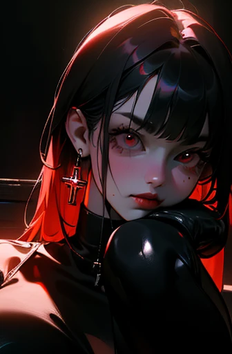 (best quality,ultra-detailed,highres:1.2),portrait,realistic lighting,sharp focus,physically-based rendering,vivid colors,dark atmosphere,red-black color scheme,cool tones, 1girl, long black hair, red eyes, black leather pants, white top, sweating, big breasts, muscular, sitting on a bench, legs folded, cross earrings