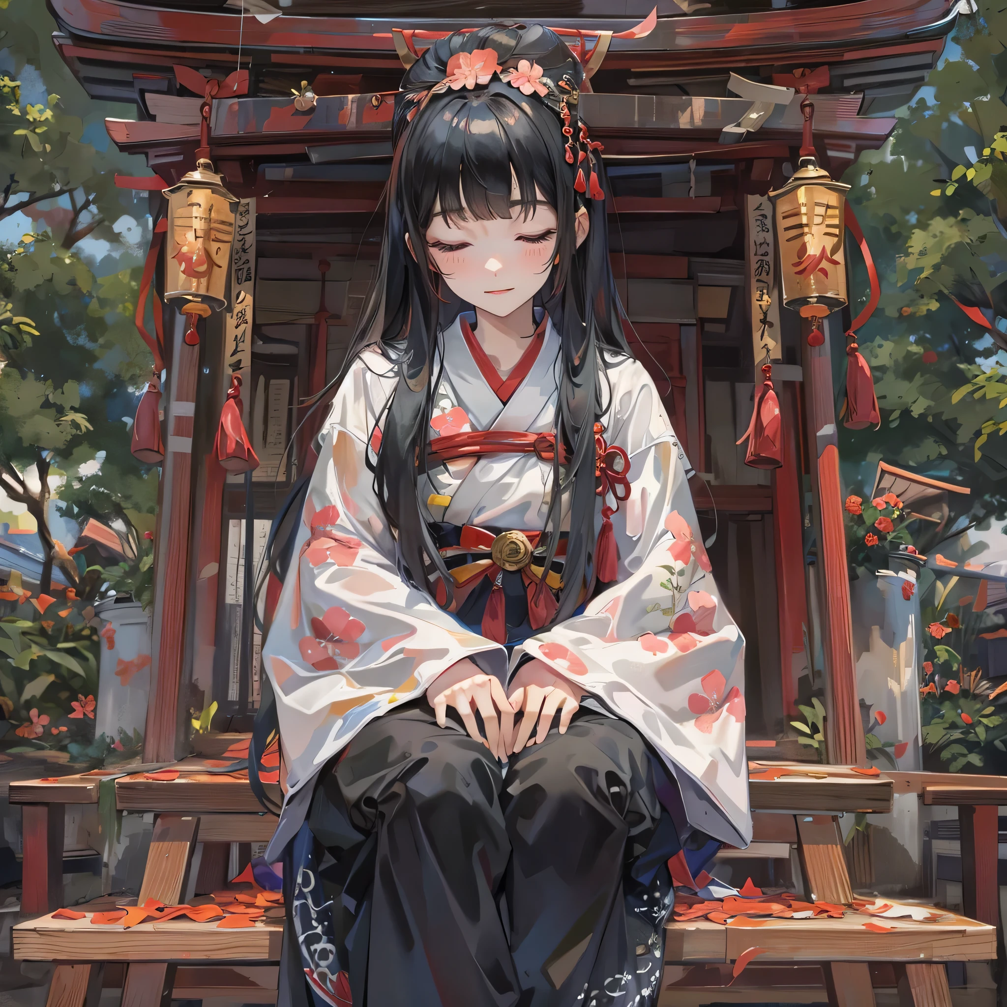 (in the Munakata), ((in a beautiful Shrine maiden costume)) (a blunt bangs black hair long hair sexy girl, 15 yo, sexy closed eyes, smile) is (Chairs on a portable shrine), BREAK, perfect anatomy, masterpiece, best quality, 16k.