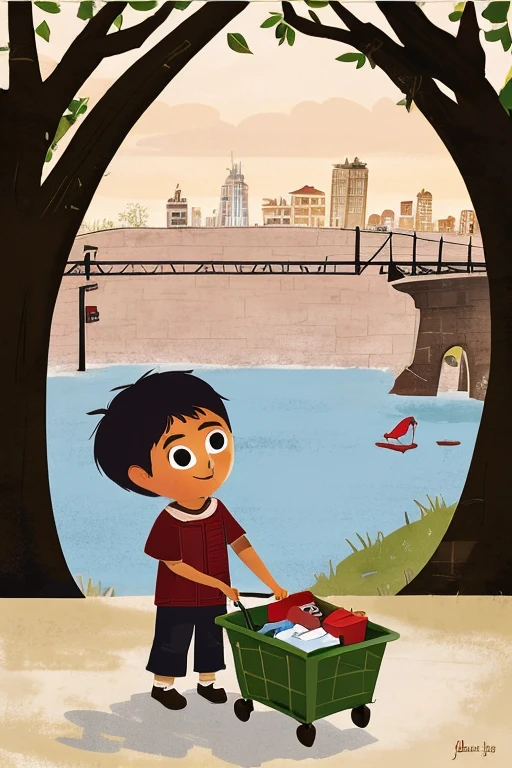 "Juan; lives on the banks of the Guaire River, under the bridges,  with his 2 children of 7 and 5 .  Es un personaje creativo y con destrezas manuales. He collects cardboard boxes on the street and transports them in a cart he calls “La Nave.”.