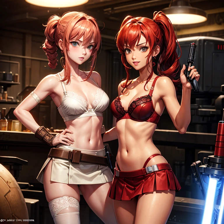 Twin Sexy Female jedi, red hair, tannned skin, skinny, welding lightsaber, lace mini skirt and bra, sandy arena