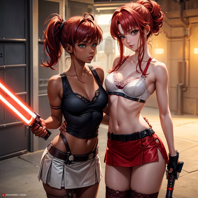 Twin y Female jedi, red hair, tannned skin, skinny, welding lightsaber, lace mini skirt and bra, sandy arena