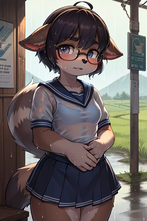 focus face , hairy racoon dog Short stature girl wearing black sports bra , (Short stature) , realistic hairy fur , round face , (tilt face:1.2) , Dull geek , (half-open eyes) , Swollen cheeks , glossy lips , flat chest , look away , eyewear, (neat white sailor uniform:1.1) , (see through black sports bra under uniform:0.95) , navy skirt , heavy rain , Rural bus stop , Rural Scenery , Take shelter from the rain , (Wet uniform:1.2)