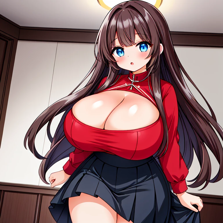 An Extremely Thick and Beautiful Cute Girl, with (Big Beautiful Blue Eyes), (Lush, Long Dark-Brown Hair), Enormously Gigantic Sagging Breasts, Extremely Huge Breasts, Extremely Huge Thighs, Extra Thick thighs, an Incredibly Curvy Figure, Red Shirt, Black Skirt, in a Modern House. Big Cleavage, with a Very Embarrassed Expression,