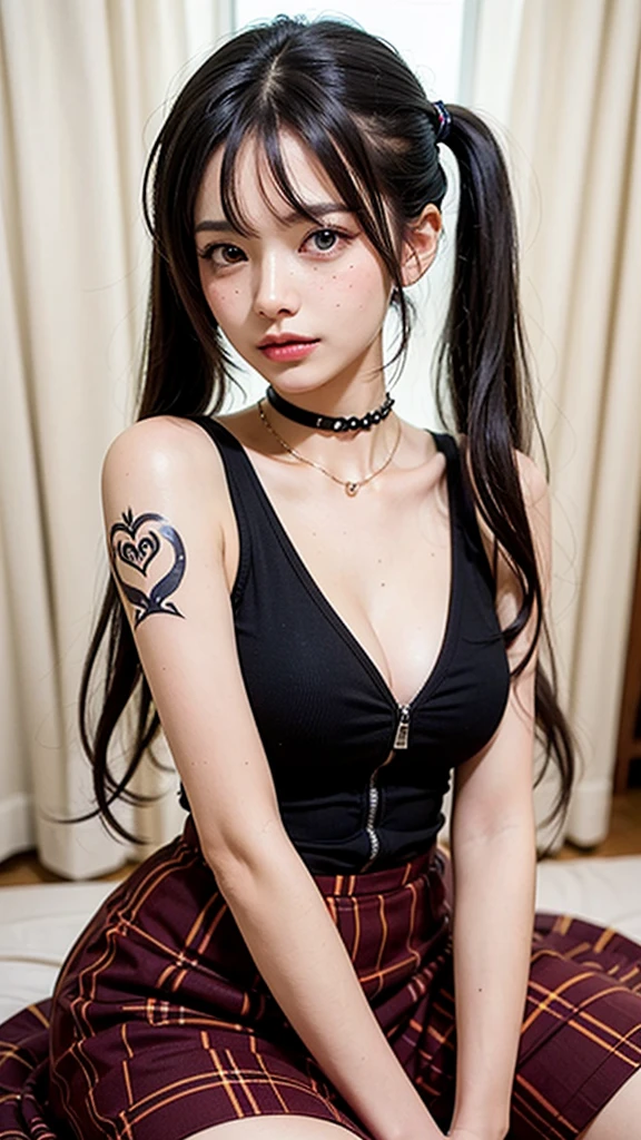 fire、surrounded by flameasterpiece, ultra detailed, hyper detailed, insanely detailed, detailed, high quality, best quality, exquisite, beautiful, woman, shy, wink, making a V sign, looking at viewer, black hair, big eyes, slant eyes, wide-eyed, heterochromia, with heart-shaped pupils, wheatish skin, skirt, choker, with a tattoo, piercing, beauty mark, freckles, blush, nail polish, long hair, twintail, very long hair, long hair, twintails, spiked hair, flipped hair, ahoge, shiny hair, wavy hair