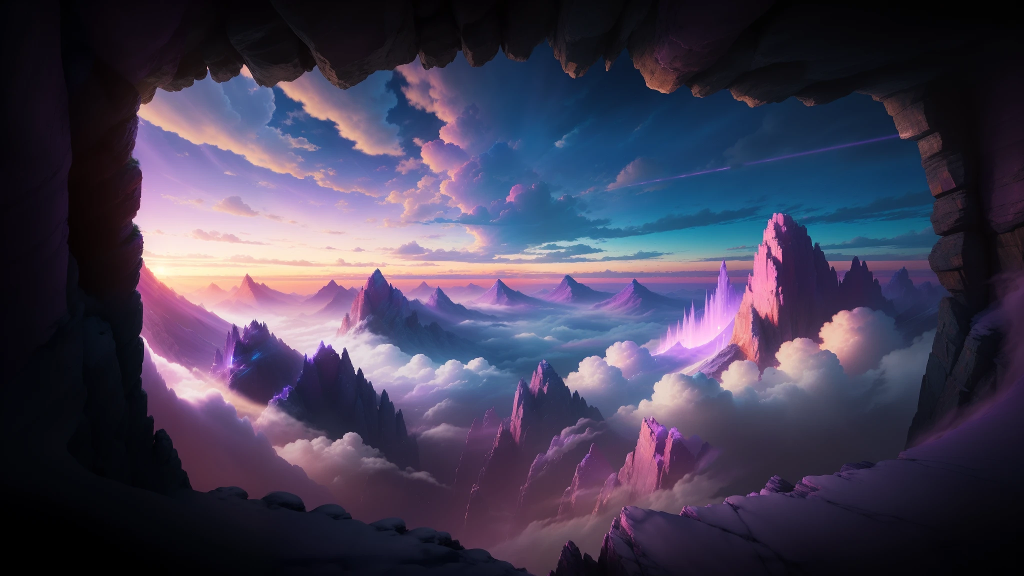 Create a high-defination image, 16:9 aspect ratio, that captures the enchanting scene of a dawn sky in exquisite detail. The image should showcase a magical and surreal atmosphere, where purple sunbeams radiate through intricately layered lilac and pink clouds. The sunbeams should look as if they are piercing the sky, casting a captivating glow on the landscape below. The clouds should appear light and ethereal, with tiny specks of light reflecting off their surfaces, giving them a glowing, almost dreamlike quality. The overall color palette should be a harmonious blend of cool purples and warm pinks, conveying a sense of