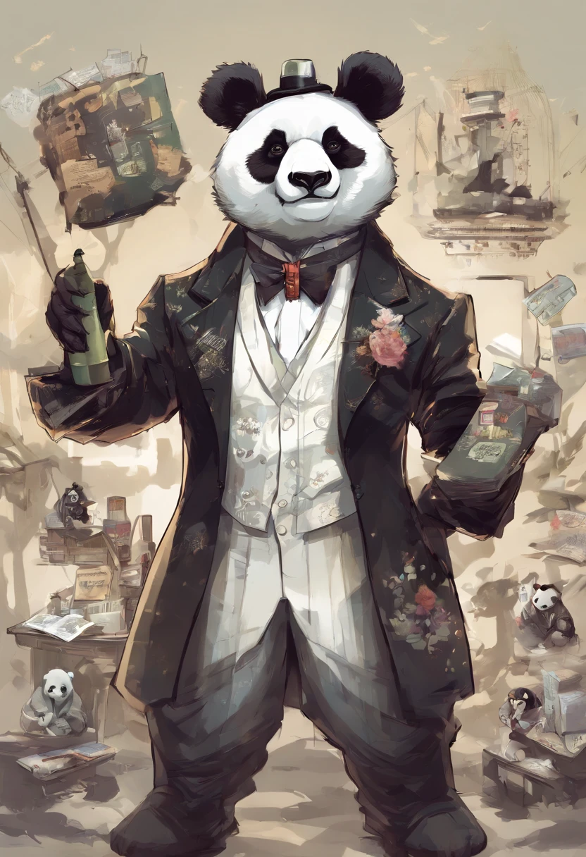 anthropomorphic panda, de cuerpo entero, vestido formalmente con un blazer, sostiene una bandeja, pegatina de panda, sticker de panda.