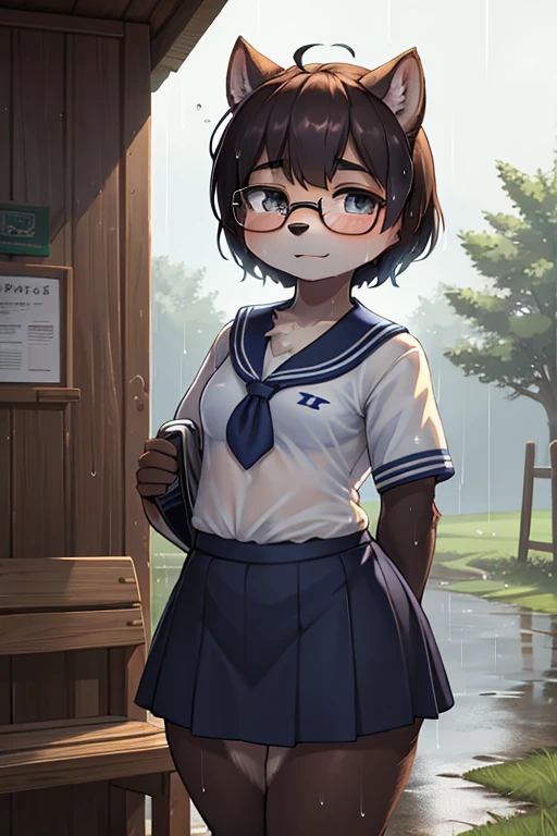 focus face , hairy racoon dog Short stature girl wearing black sports bra , (Short stature) , realistic hairy fur , round face , (tilt face:1.2) , Dull geek , (half-open eyes) , Swollen cheeks , glossy lips , flat chest , look away , eyewear, (neat white sailor uniform:1.1) , (see through black sports bra under uniform:0.95) , navy skirt , heavy rain , Rural bus stop , Rural Scenery , Take shelter from the rain , (Wet uniform:1.2)