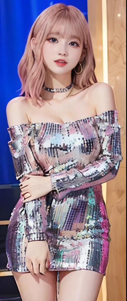gorgeous idol、whole body、good style、、、、、colorful sequin tight mini dress(off shoulder)、Pink Blonde Hair