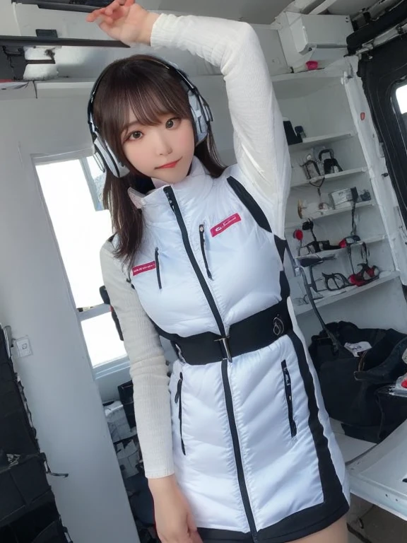 ((Detailed face, Professional photography)),
Ultra-high resolution, (Realistic: 1.4), RAW Photos, highest quality, (PhotoRealistic Stick), concentrate, Soft Light,masterpiece, highest quality, Very detailed, 8K,

BREAK
(arms behind back):5,(arms up behind):1,
(black sleeves):10,(black long tightfit sleeves)

BREAK
(headphone):10
(metallic gray astrovest),
(metallic luster  mirror finish astrovest):2,belt,

BREAK
blush:3,smile,look at viewer,(Blunt bangs),(black hair):2,(long hair):1.3
(drooping eyes),(Young Face),

BREAK
Portrait,(solo),1girl,(Caucasian):10,(android girl):1.4,Plump:0.7, 
((25 years old)), ((Japanese)), 

BREAK
(hidden hand):10,

BREAK
(Written boundary depth,futuristic space station,,space station,Bomi,neotech,bing_astronaut