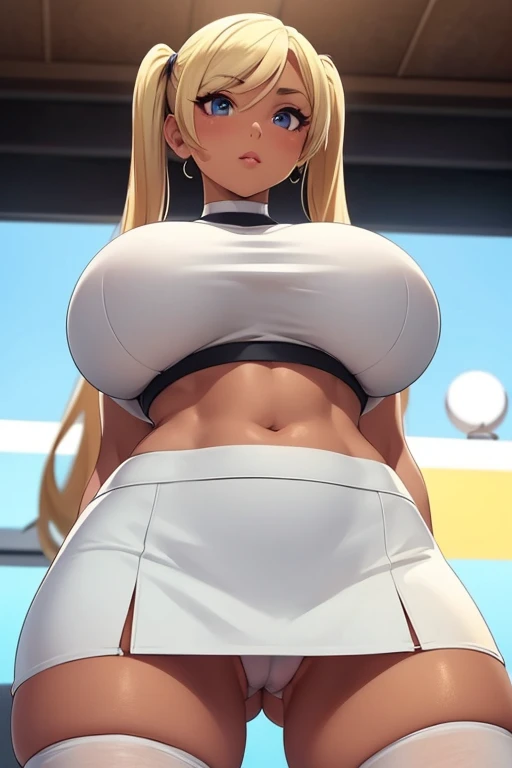 (huge breasts:1.2), perfect body, perfect breasts, perfect face, perfect fingers, gorgeous face, slutty, short skirt, crop top, white crop top, bare midriff, bare shoulders, stockings, blonde hair, tan skin, from below, perfect legs, long pigtails, cameltoe, crop top overhang