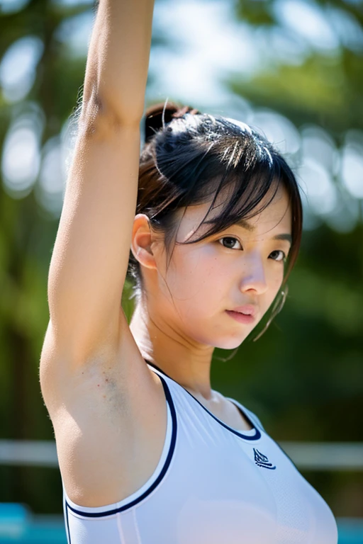 (masterpiece:1.2), high quality, High resolution, (One Japanese girl is standing, ((The girl is a cute 12-year-old tennis player)), (Not wearing a bra, small breasts, The shape of the nipples can be seen through the clothing), ((Baby Face)), (((sweaty armpits))) , Armpit depression