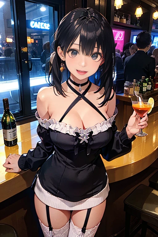 (from above:1.1),(from side:0.9), ((Face)), (Close-Up:0.4), masterpiece,"A 22-year-old girl stands at a bar counter. She is dressed in a stylish off-shoulder dress, sweater dress, off-shoulder sweater, white sweater,garter stocking, black skirts, white thighhighs, thigh strap, pretty girl, (highly detailed beautiful face and eyes,firm breasts),real skin,((black,hair,long pony tail hair)),thin pubic hair,cute and lovely pose, detailed eyes, This masterpiece is only visually stunning but also tells,(double breasted:0.6,under bust:0.6,cleavage:1.1,),(small breasts:1.2),(perky chest:1.1), (pointed chest:1.3), medium hips, glamorous body,(with sparkling eyes and a contagious smile),open mouth,The bar is beautiful, with colorful bottles of alcohol in the background and a soft glow from neon lights. The atmosphere is relaxed, and the girl looks confident and fashionable.",full body, sexy pose,make a cocktail , in a bar counter, Looking at Viewer,