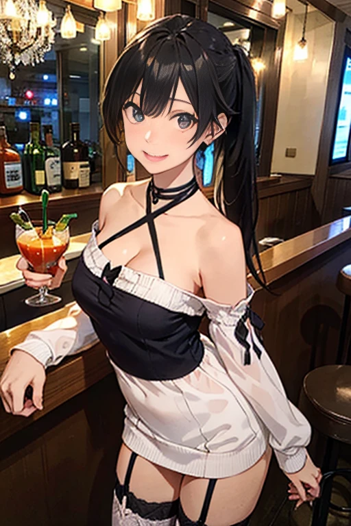 (from above:1.1),(from side:0.9), ((Face)), (Close-Up:0.4), masterpiece,"A 22-year-old girl stands at a bar counter. She is dressed in a stylish off-shoulder dress, sweater dress, off-shoulder sweater, white sweater,garter stocking, black skirts, white thighhighs, thigh strap, pretty girl, (highly detailed beautiful face and eyes,firm breasts),real skin,((black,hair,long pony tail hair)),thin pubic hair,cute and lovely pose, detailed eyes, This masterpiece is only visually stunning but also tells,(double breasted:0.6,under bust:0.6,cleavage:1.1,),(small breasts:1.2),(perky chest:1.1), (pointed chest:1.3), medium hips, glamorous body,(with sparkling eyes and a contagious smile),open mouth,The bar is beautiful, with colorful bottles of alcohol in the background and a soft glow from neon lights. The atmosphere is relaxed, and the girl looks confident and fashionable.",full body, sexy pose,make a cocktail , in a bar counter, Looking at Viewer,