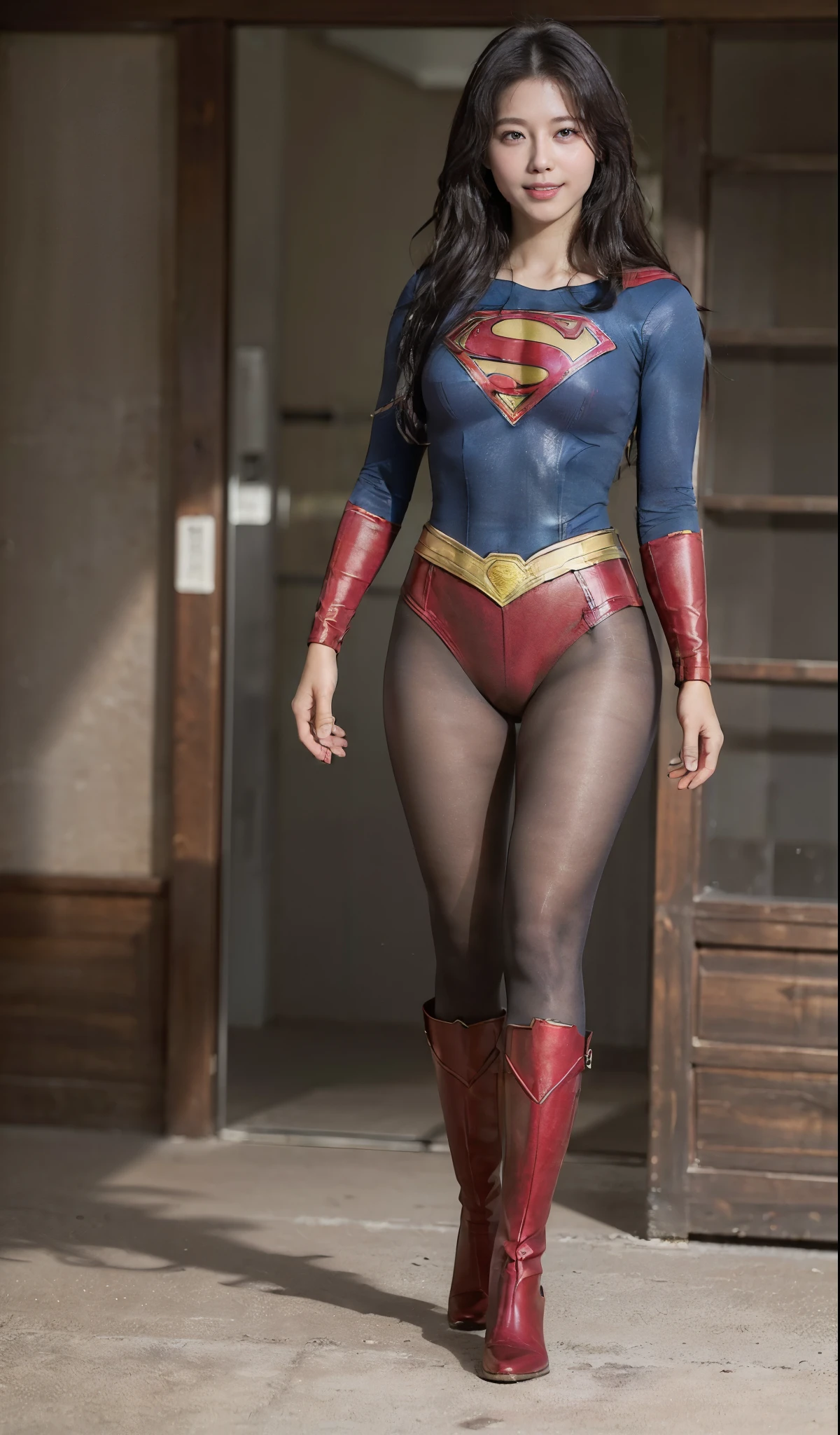 No background、(((Beautiful legs in black tights.)))、(((Legally express the beauty of your smile)))、((((Make the most of your original images)))、(((Supergirl Costume)))、(((ボディにフィットしたSupergirl Costume)))、(((Beautiful Hair)))、(((Smiles and winks)))、(((Please wear black tights....、Wear red boots)))、((Best image quality、8k))、((highest quality、8k、masterpiece:1.3))、(((Preserve background )))、Sharp focus:1.2、Beautiful woman with perfect figure:1.4、Slim Abs:1.2、Wet body:1.5、Highly detailed face and skin texture、8k