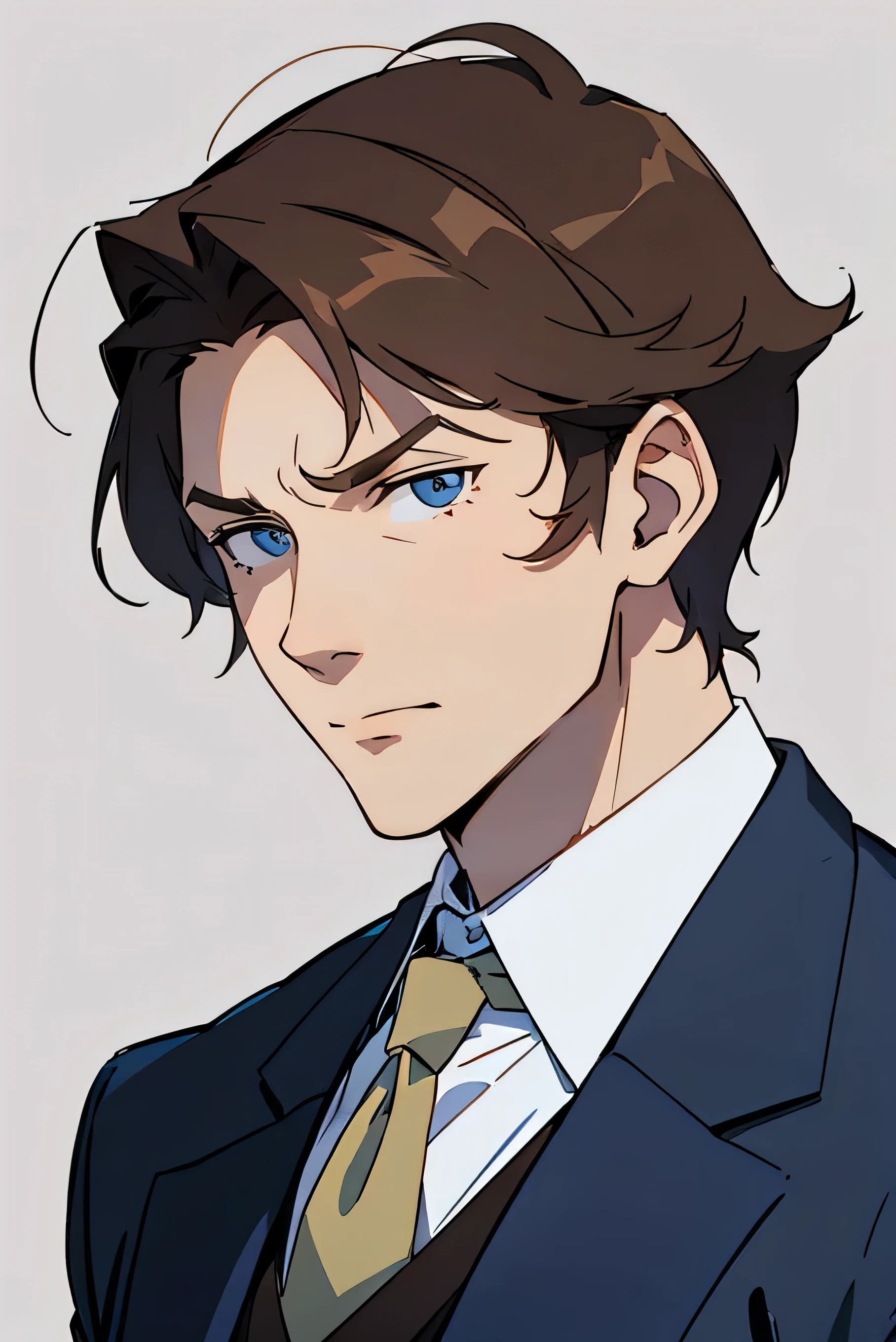 30 year old man. with a little wrinkles on the face. short and somewhat unkempt hair. disheveled suit and tie. brown hair and blue eyes. serious expression. ((background of a normal living room)). ((detailed face.))