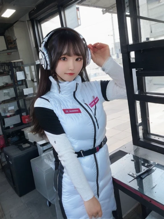 ((Detailed face, Professional photography)),
Ultra-high resolution, (Realistic: 1.4), RAW Photos, highest quality, (PhotoRealistic Stick), concentrate, Soft Light,masterpiece, highest quality, Very detailed, 8K,
BREAK
(arms behind back):5,(arms up behind):1,
(black sleeves):10,(black long tightfit sleeves)
BREAK
(headphone):10
(metallic gray astrovest),
(metallic luster mirror finish astrovest):2,belt,
BREAK
blush:3,smile,look at viewer,(Blunt bangs),(black hair):2,(long hair):1.3
(drooping eyes),(Young Face),
BREAK
Portrait,(solo),1girl,(Caucasian):10,(android girl):1.4,Plump:0.7,
((25 years old)), ((Japanese)),
BREAK
(hidden hand):10,
BREAK
(Written boundary depth,futuristic space station,,space station,Bomi,neotech,bing_astronaut