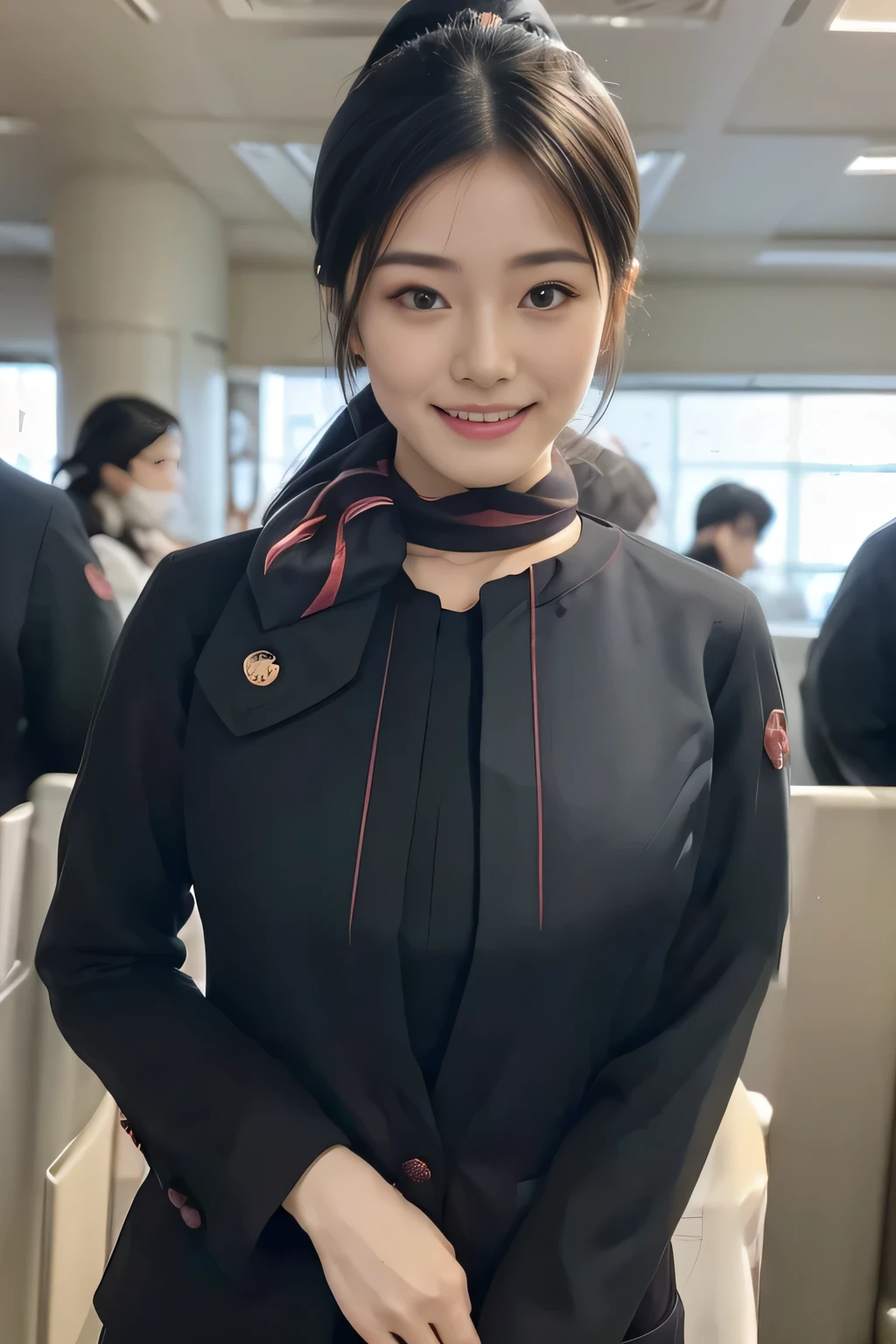 (masterpiece:1.2、highest quality:1.2)、32K HDR、High resolution、(alone、1 girl、Slim figure)、（Realistic style with JAL cabincrew uniform）、 (At the airport counter, Professional Lighting)、A proper woman, Beautiful Face,、（JAL cabincrew uniform:1.4）、（Long sleeve JAL cabin crew uniform）、（Scarf around the neck）、Big Breasts、（Long hair updo、Chignon）、Dark brown hair、Long Shot、（（Fine hand：2.0））、（（Harmonious body proportions：1.5））、（（Normal limbs：2.0））、（（Normal finger：2.0））、（（Delicate eyes：2.0））、（（Normal eyes：2.0））)、Beautiful standing posture、smile