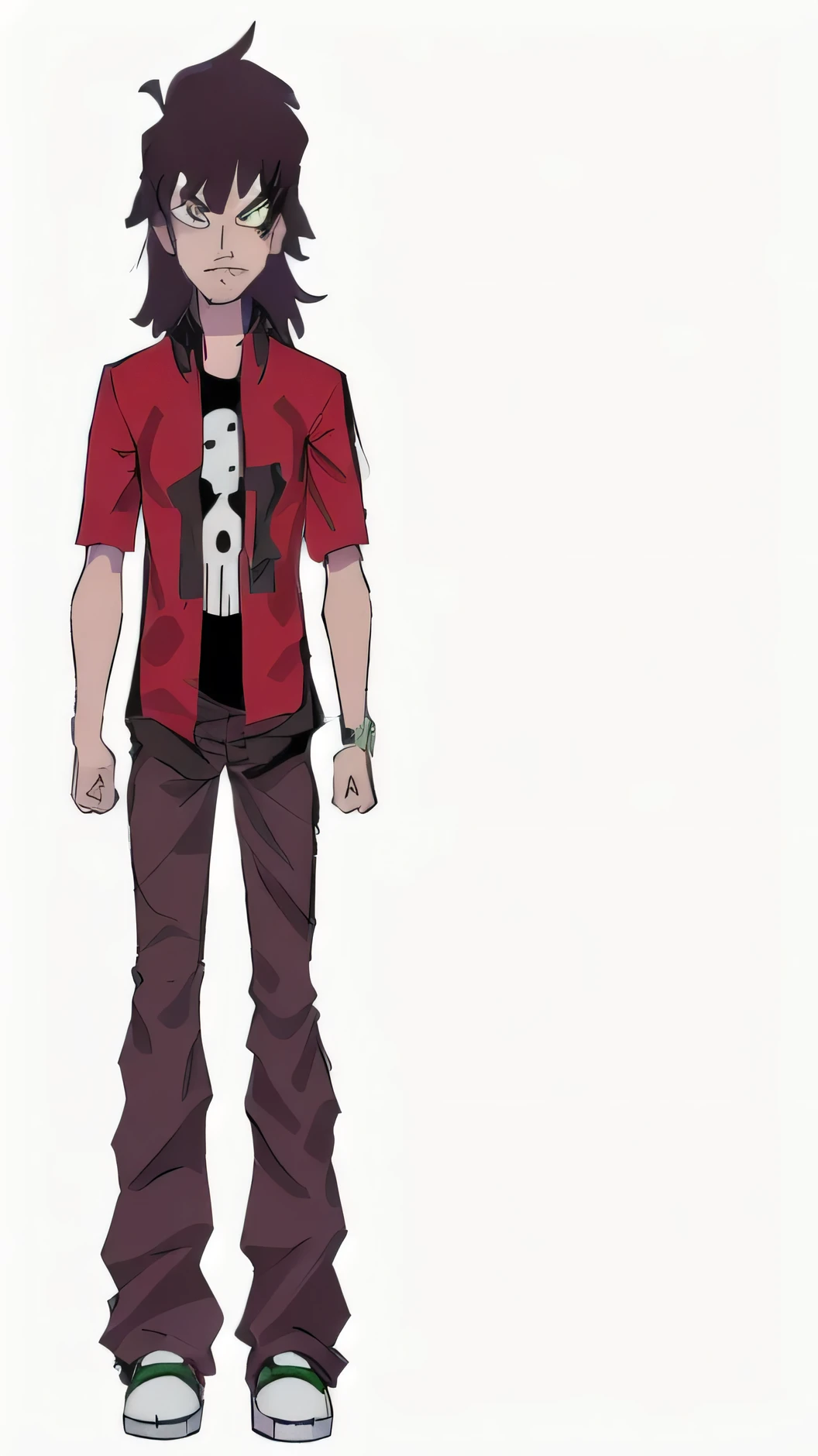 anime character with a skull on his chest and a red shirt, fullbody shot, full body concept, single character full body, !!full body portrait!!, full body!, fullbody portrait, full_body!!, full body wide shot, full body with costume, full body!!, full body portrait, full body picture, anime full body illustration, Ben 10 series drawing style, Ben 10 Omniverse.