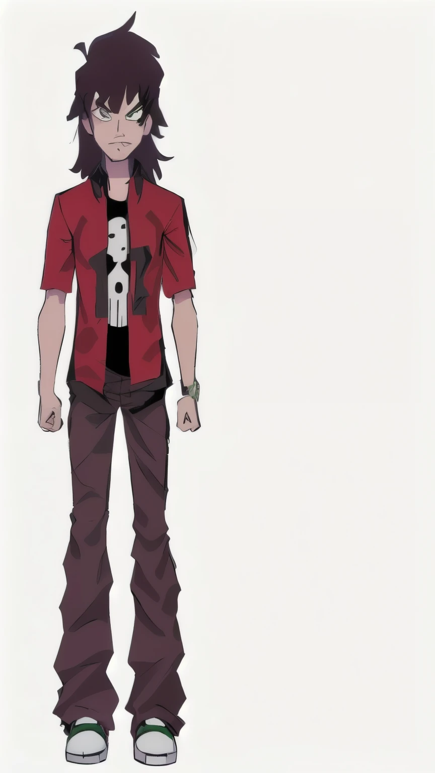 anime character with a skull on his chest and a red shirt, fullbody shot, full body concept, single character full body, !!full body portrait!!, full body!, fullbody portrait, full_body!!, full body wide shot, full body with costume, full body!!, full body portrait, full body picture, anime full body illustration, Ben 10 series drawing style, Ben 10 Omniverse.
