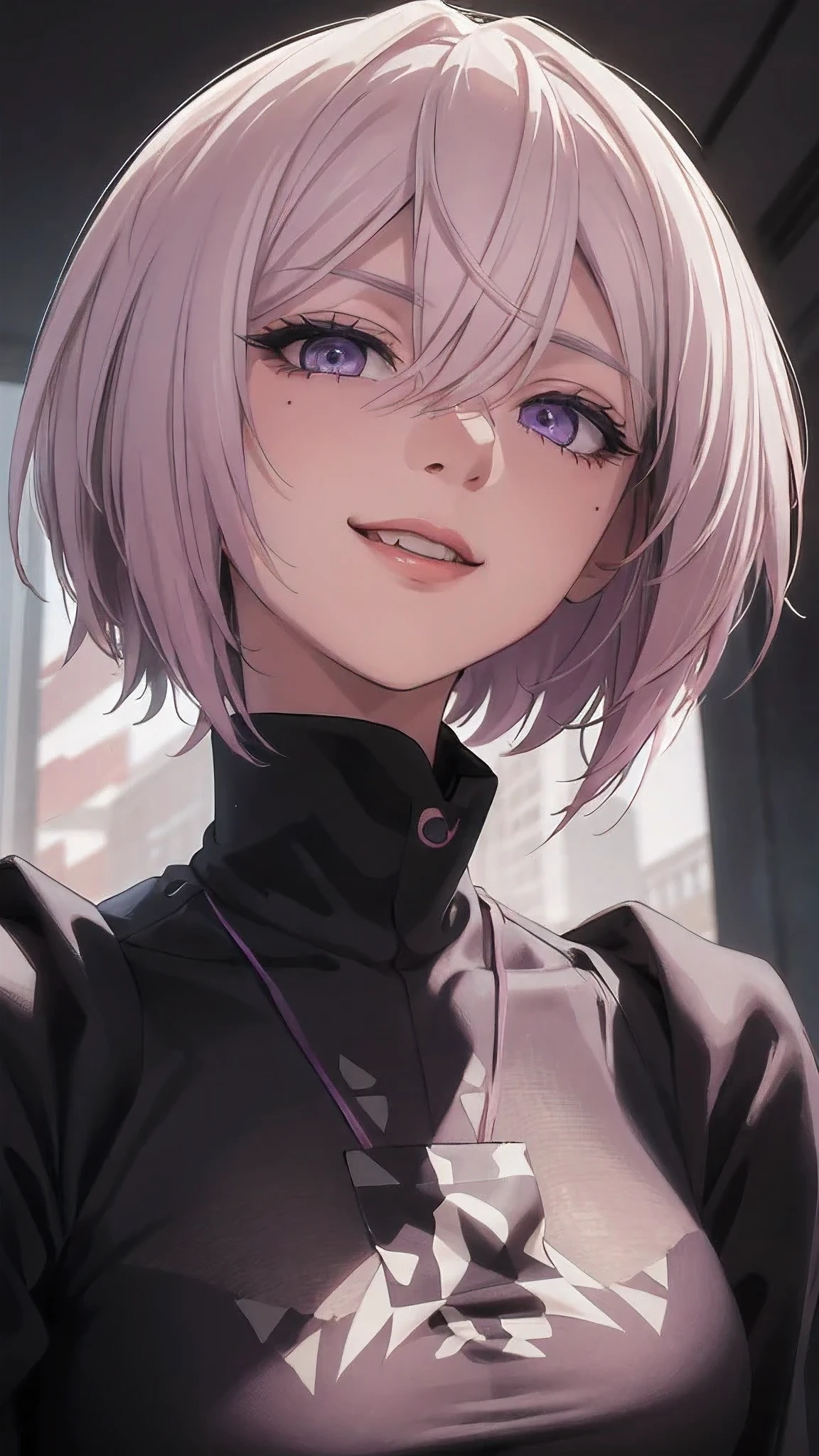 extremely detailed CG unity 8k wallpaper), (masterpiece), (best quality), (ultra-detailed), (best illustration), (best shadow), (absurdres) ,(detailed eyes), 2b, 1girl, mix purple and pink hair, solo, Intimidating women, admiral uniform, night, hero pose, white clothes, General Uniform, Military Uniform, Sunlight, exposed to sunlight, apartment background, laughing, happy face