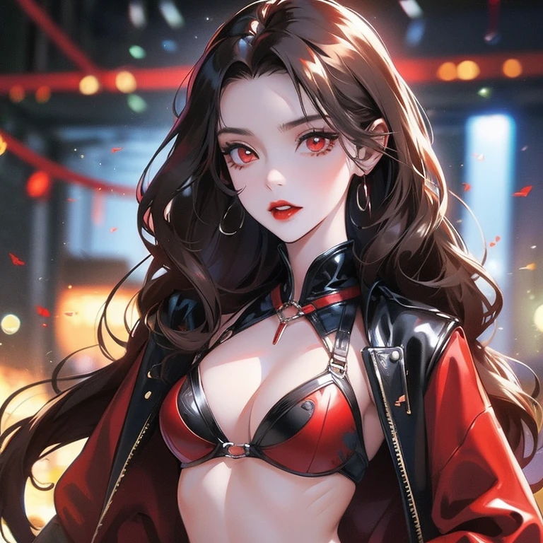 woman, vampire, red lips, red eyes, black hair, long hair, black clothes, exposed belly, movie