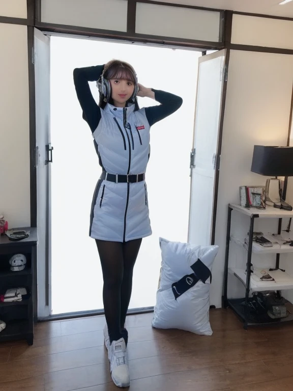 ((Detailed face, Professional photography)),
Ultra-high resolution, (Realistic: 1.4), RAW Photos, highest quality, (PhotoRealistic Stick), concentrate, Soft Light,masterpiece, highest quality, Very detailed, 8K,

BREAK
(arms behind back):5,(arms up behind):1,
(black sleeves):10,(black long tightfit sleeves)

BREAK
(headphone):10
(metallic gray astrovest),
(metallic luster  mirror finish astrovest):2,belt,

BREAK
blush:3,smile,look at viewer,(Blunt bangs),(black hair):2,(long hair):1.3
(drooping eyes),(Young Face),

BREAK
Portrait,(solo),1girl,(Caucasian):10,(android girl):1.4,Plump:0.7, 
((25 years old)), ((Japanese)), 

BREAK
(hidden hand):10,

BREAK
(Written boundary depth,futuristic space station,,space station,Bomi,neotech,bing_astronaut