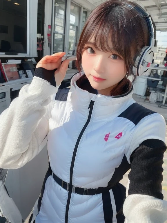 ((Detailed face, Professional photography)),
Ultra-high resolution, (Realistic: 1.4), RAW Photos, highest quality, (PhotoRealistic Stick), concentrate, Soft Light,masterpiece, highest quality, Very detailed, 8K,

BREAK
(arms behind back):5,(arms up behind):1,
(black sleeves):10,(black long tightfit sleeves)

BREAK
(headphone):10
(metallic gray astrovest),
(metallic luster  mirror finish astrovest):2,belt,

BREAK
blush:3,smile,look at viewer,(Blunt bangs),(black hair):2,(long hair):1.3
(drooping eyes),(Young Face),

BREAK
Portrait,(solo),1girl,(Caucasian):10,(android girl):1.4,Plump:0.7, 
((25 years old)), ((Japanese)), 

BREAK
(hidden hand):10,

BREAK
(Written boundary depth,futuristic space station,,space station,Bomi,neotech,bing_astronaut
