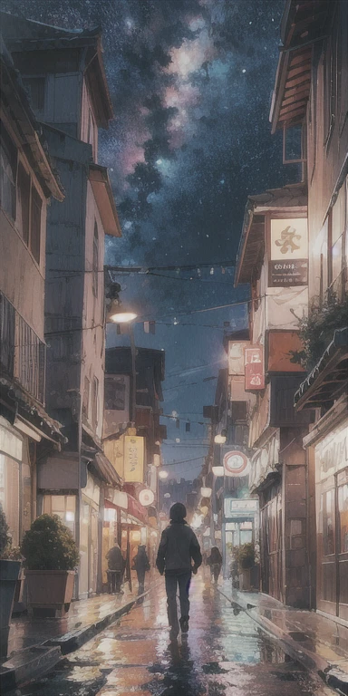 Anime cityscape with tower, Man walking on a snowy road, Space Sky. by: makoto shinkai, Beautiful anime scene, makoto shinkai, Cyril Rolland, Anime Background Art, Beautiful anime scenery, anime art wallpaper 4k, anime art wallpaper 4k, 4k anime wallpaper, anime wallpaper 4k, anime wallpaper 4k, Detail enhancements, Perfect detail handling.