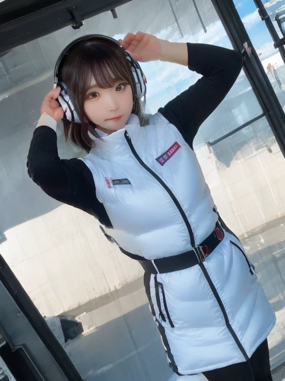 ((Detailed face, Professional photography)),
Ultra-high resolution, (Realistic: 1.4), RAW Photos, highest quality, (PhotoRealistic Stick), concentrate, Soft Light,masterpiece, highest quality, Very detailed, 8K,

BREAK
(arms behind back):5,(arms up behind):1,
(black sleeves):10,(black long tightfit sleeves)

BREAK
(headphone):10
(metallic gray astrovest),
(metallic luster  mirror finish astrovest):2,belt,

BREAK
blush:3,smile,look at viewer,(Blunt bangs),(black hair):2,(long hair):1.3
(drooping eyes),(Young Face),

BREAK
Portrait,(solo),1girl,(Caucasian):10,(android girl):1.4,Plump:0.7, 
((25 years old)), ((Japanese)), 

BREAK
(hidden hand):10,

BREAK
(Written boundary depth,futuristic space station,,space station,Bomi,neotech,bing_astronaut