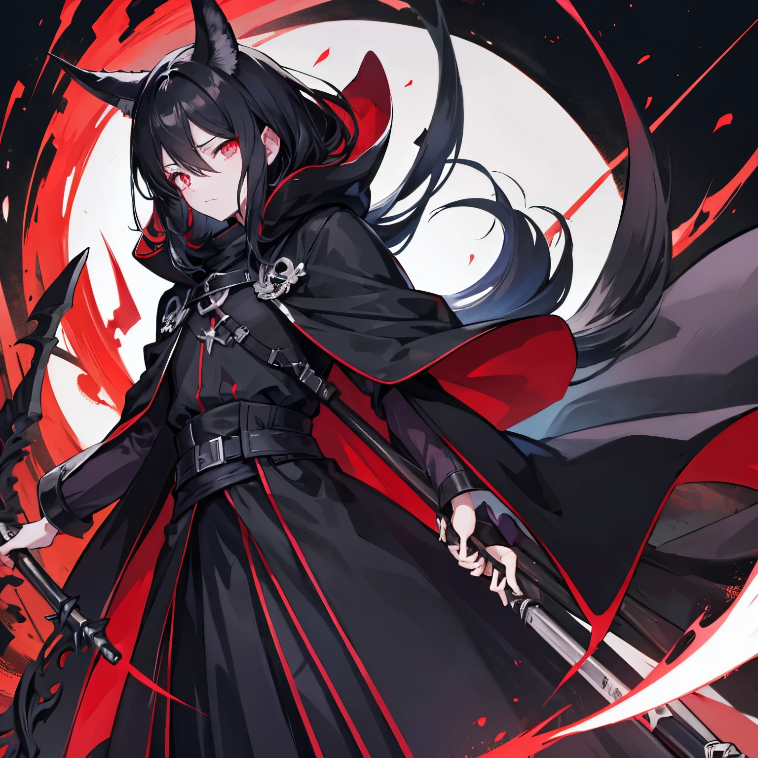 An anime villain who uses a scythe, a black cloak and an ox skull on his head with one of his eyes glowing bright red and a dark background