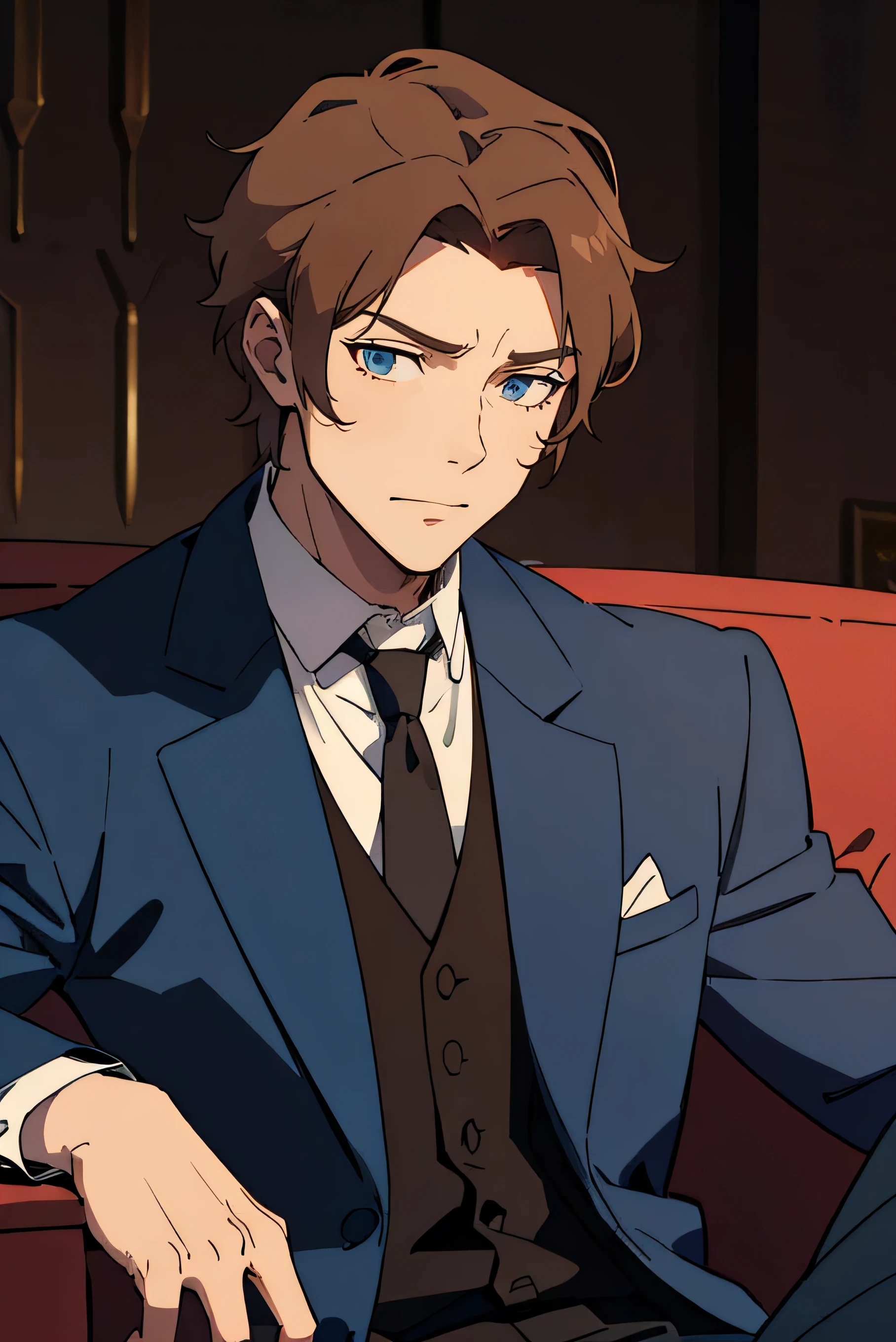 30 year old man. with a little wrinkles on the face. short and somewhat unkempt hair. disheveled suit and tie. brown hair and blue eyes. serious expression. ((background of a normal living room)). ((detailed face.)) ((sitting on the couch))