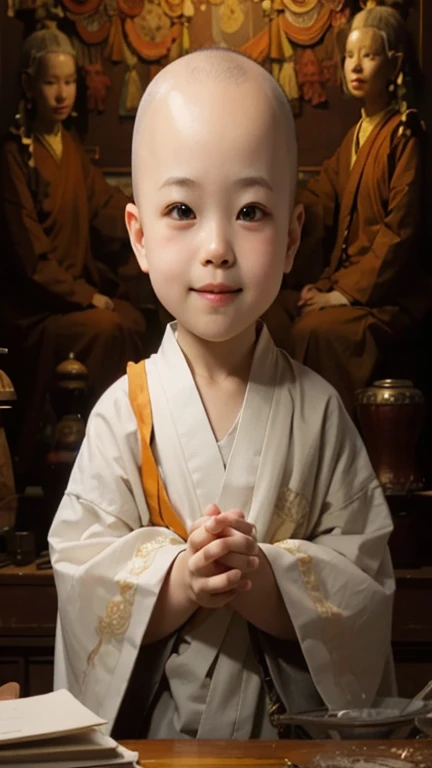 3 year old bald monk，Wearing an orange monk&#39;s robe，Chubby little face，Big round eyes，High nose bridge，With a smile，They were holding hands.，Sitting cross-legged。KHD