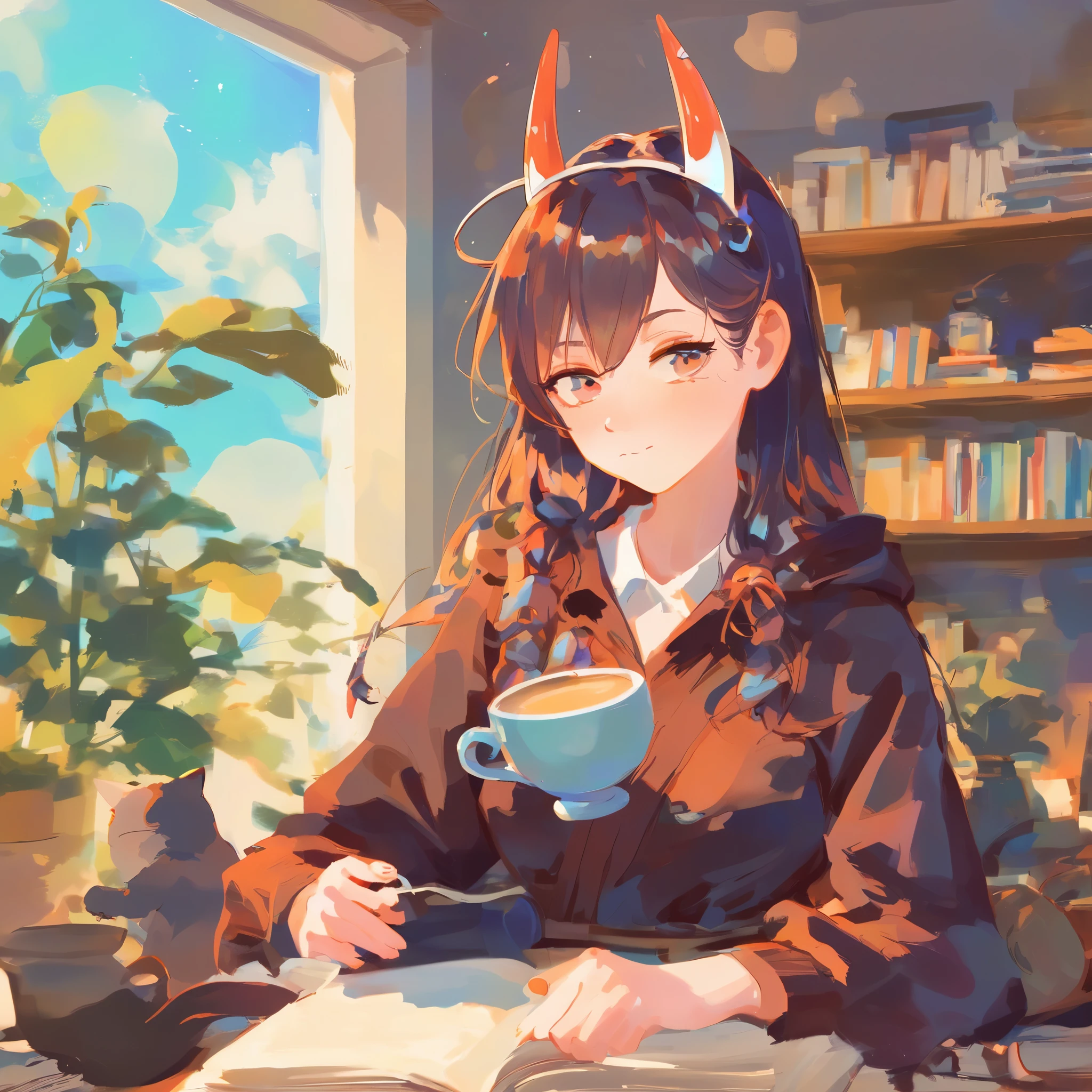 anime girl with horns reading a book and drinking a cup of coffee, made with anime painter studio, anime girl with cat ears, in an anime style, painted in anime painter studio, cute horns, lofi girl, demon anime girl, digital anime illustration, lofi portrait, girl with cat ears, in anime style, nightcore, top rated on pixiv