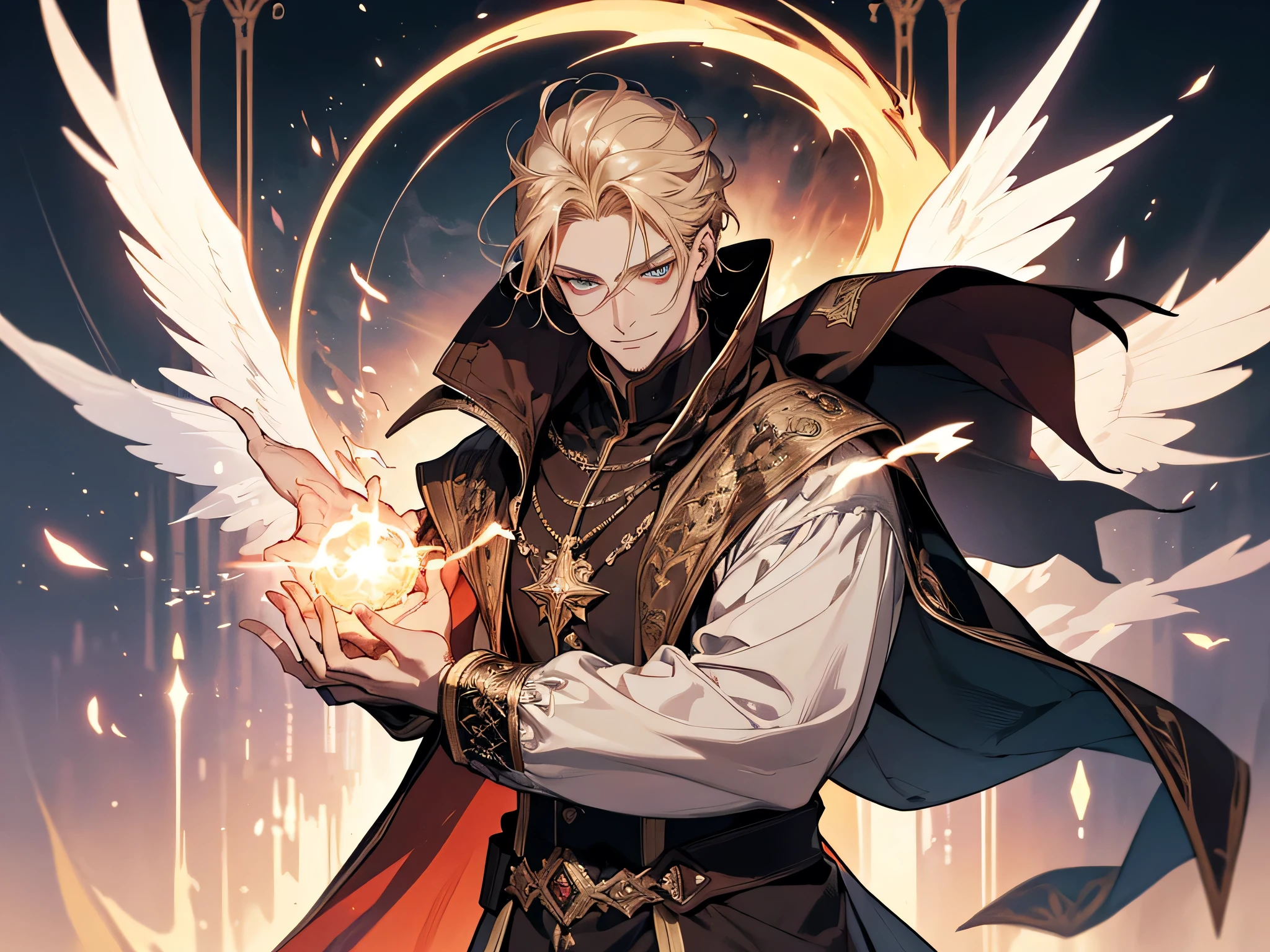 maximum details, cinematic, abstract art,  stylized,  (1man, thin adult swedish male:1.2),  amber eyes, dark blonde hair, goatee, 
Style-GravityMagic, solo, full body, looking away, detailed background, detailed face, (renaissance theme:1.1), glowing eyes, (angel of war:1.05),  wearing dark brown themed robes, cape,, smile,   raised hand, dynamic pose,  floating  particles, light globules,    bearing the  flame of judgement, elemental harmony, ,  pristine cathedral in background, rays of bright light, chaoitc vortex, fantasy atmosphere,
colorhalf00d, detailed eyes, extremely detailed eyes, half-body illustration, (half-body:0.6), look like chill gamer