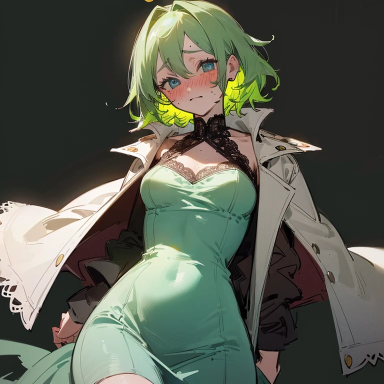 ((Masterpiece: 1.5, best quality, high resolution: 1.3, super resolution, super detailed, ultra detailed: 1.3, rich background: 1.2, Perfect Anatomy:1.5, 1 woman) pale skin + lime green hair + short wavy hair + blue eyes + curvy female figure (modest dress, dress with little neckline, lace coat) ((open eyes, blushing cheeks, friendly atmosphere))