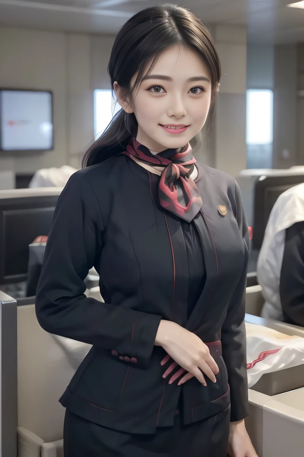 (masterpiece:1.2、highest quality:1.2)、32K HDR、High resolution、(alone、1 girl、Slim figure)、（Realistic style with JAL cabincrew uniform）、 (At the airport counter, Professional Lighting)、A proper woman, Beautiful Face,、（JAL cabincrew uniform:1.4）、（Long sleeve JAL cabin crew uniform）、（Scarf around the neck）、Big Breasts、（Long hair updo、Chignon）、Dark brown hair、Long Shot、（（Fine hand：2.0））、（（Harmonious body proportions：1.5））、（（Normal limbs：2.0））、（（Normal finger：2.0））、（（Delicate eyes：2.0））、（（Normal eyes：2.0））)、Beautiful standing posture、smile